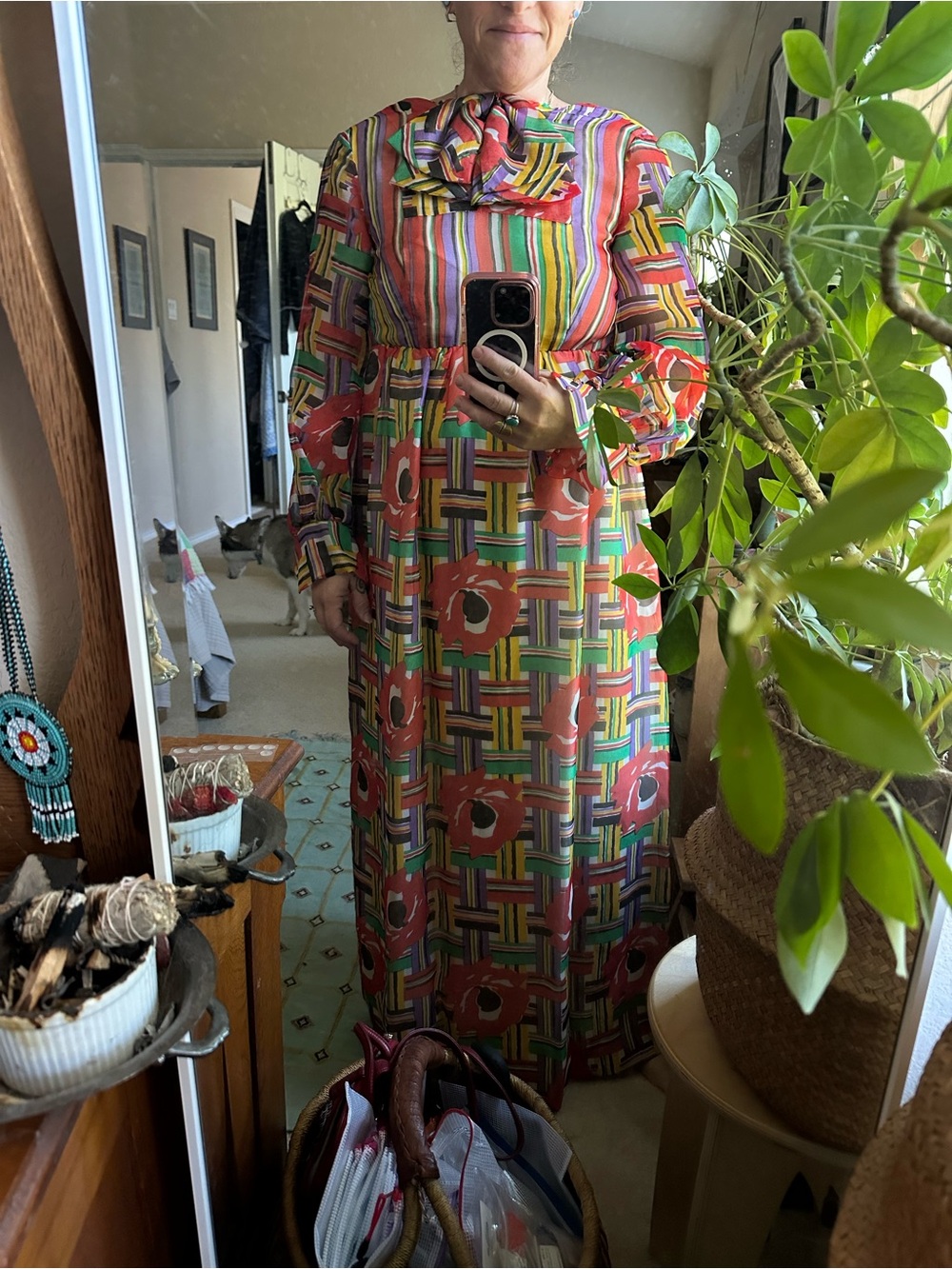 Vintage Multicolor Floral Stripe Maxi Dress